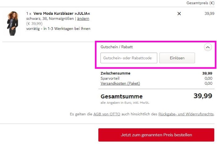 So lösen Sie einen OTTO Gutschein/Rabattcode ein